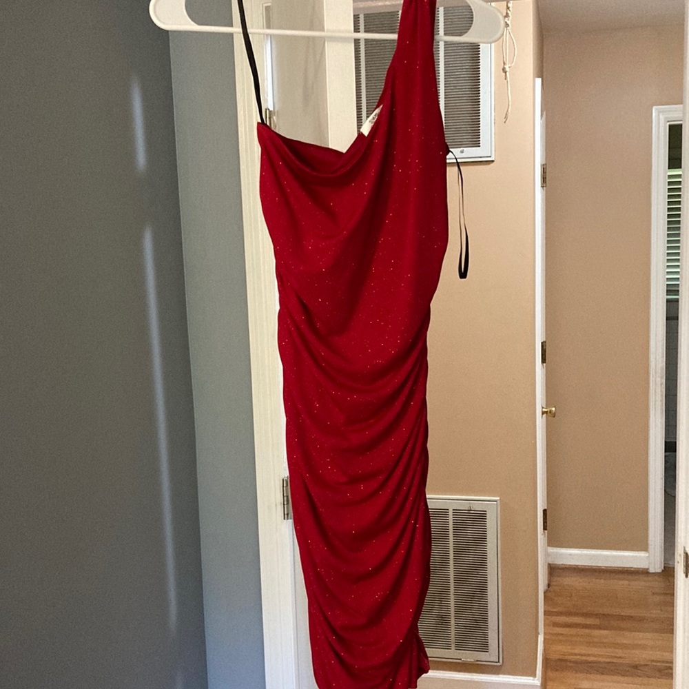 Red bodycon off the shoulder dress